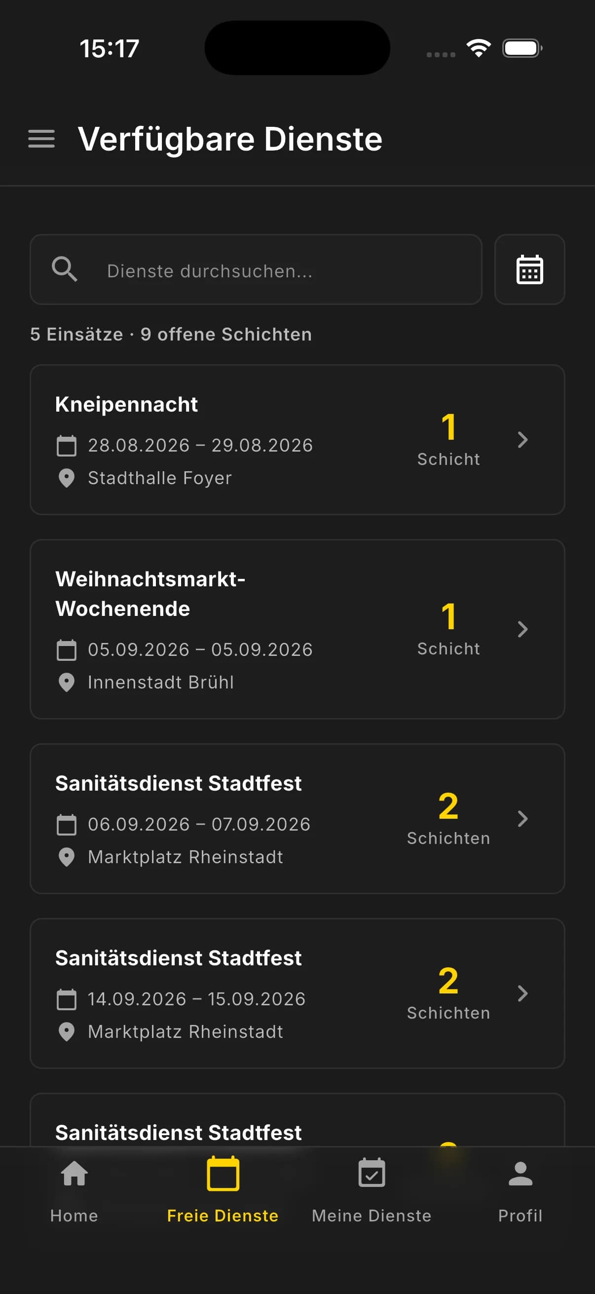 RESCURA App – Verfügbare Dienste